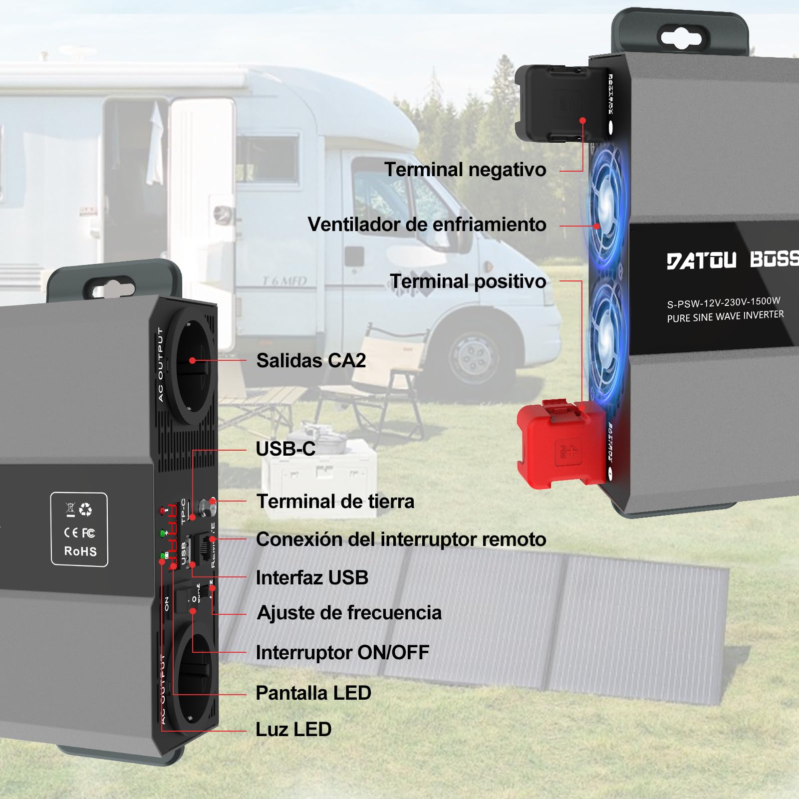 DATOUBOSS Inversor 12V 220V/230V Onda Pura 1500W/3000W, Inversor 12V a 220V Onda Pura con 2 Enchufes EU, Salida USB/USB-C y Pantalla LCD, Transformador de Autocaravanas, Camiones, Camping