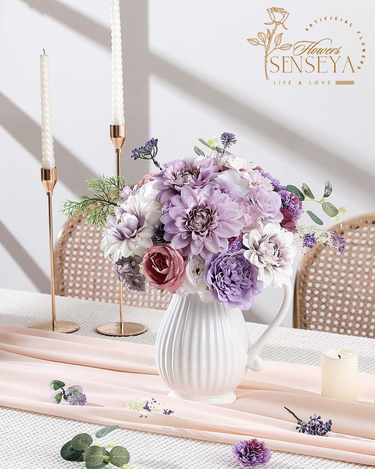 Senseya Artificial Flowers Combo Set, Purple Silk Roses, Peonies, Dahlias with Stems for DIY Wedding Bouquets, Baby Shower, Table Centerpieces, Home Decor, Fake Floral Arrangements, Party Decorations - Image 7