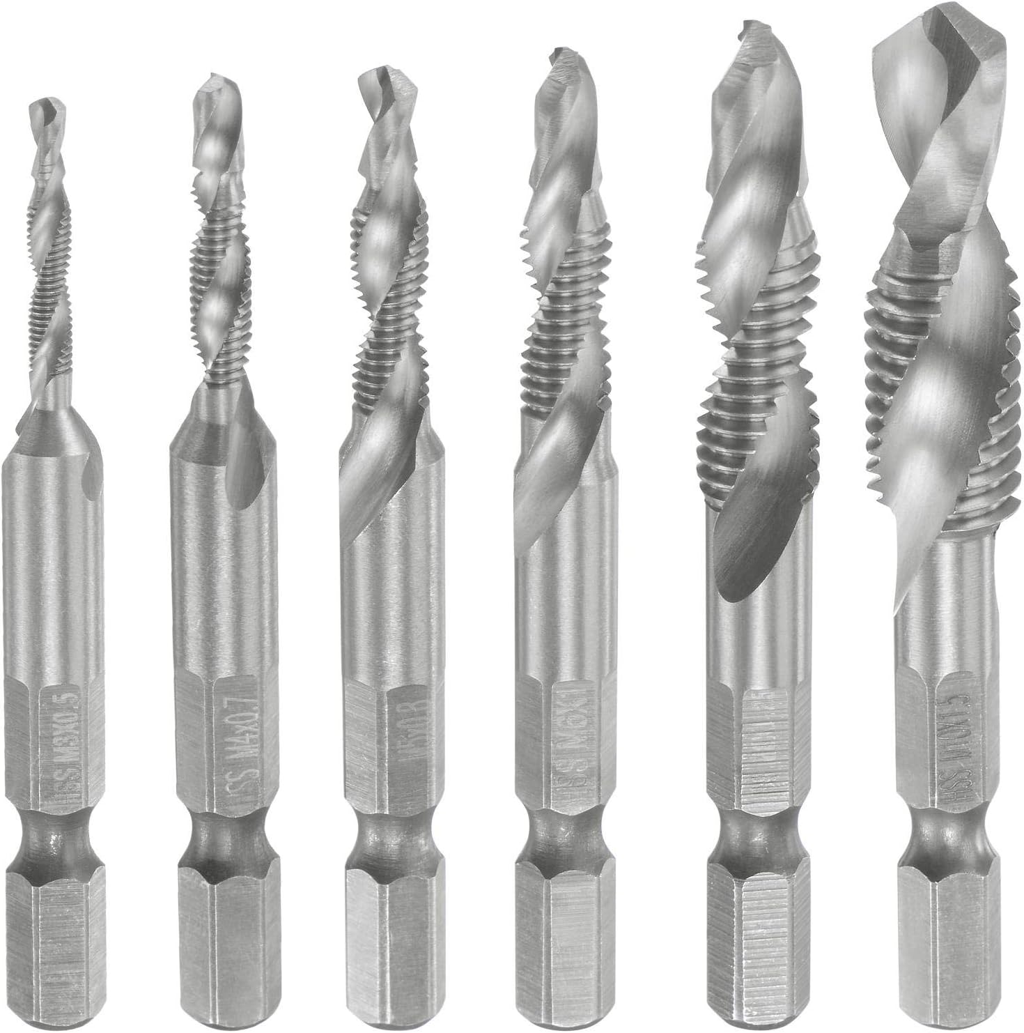 sourcing map Combination Drill and Tap Bit Set M3 M4 M5 M6 M8 M10 with 1/4" Hex Shank Uncoated High-Speed Steel Countersink Bit Spiral Flute Tapping Tool 6pcs
