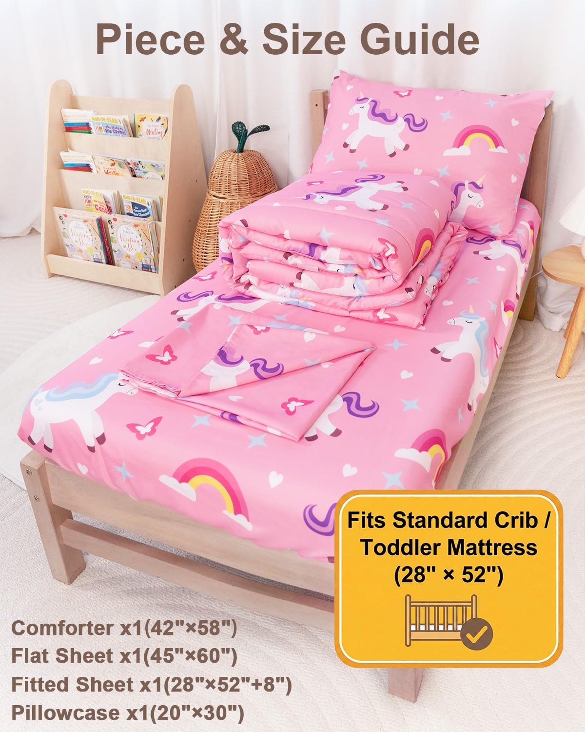 TinyPalsa Toddler Bedding Set, 4-Piece Pink Rainbow Pony Comforter Set for Girls and Boys, Breathable Crib Bedding Includes Ultra-Soft Quilt, Flat & Fitted Sheets, Pillowcase