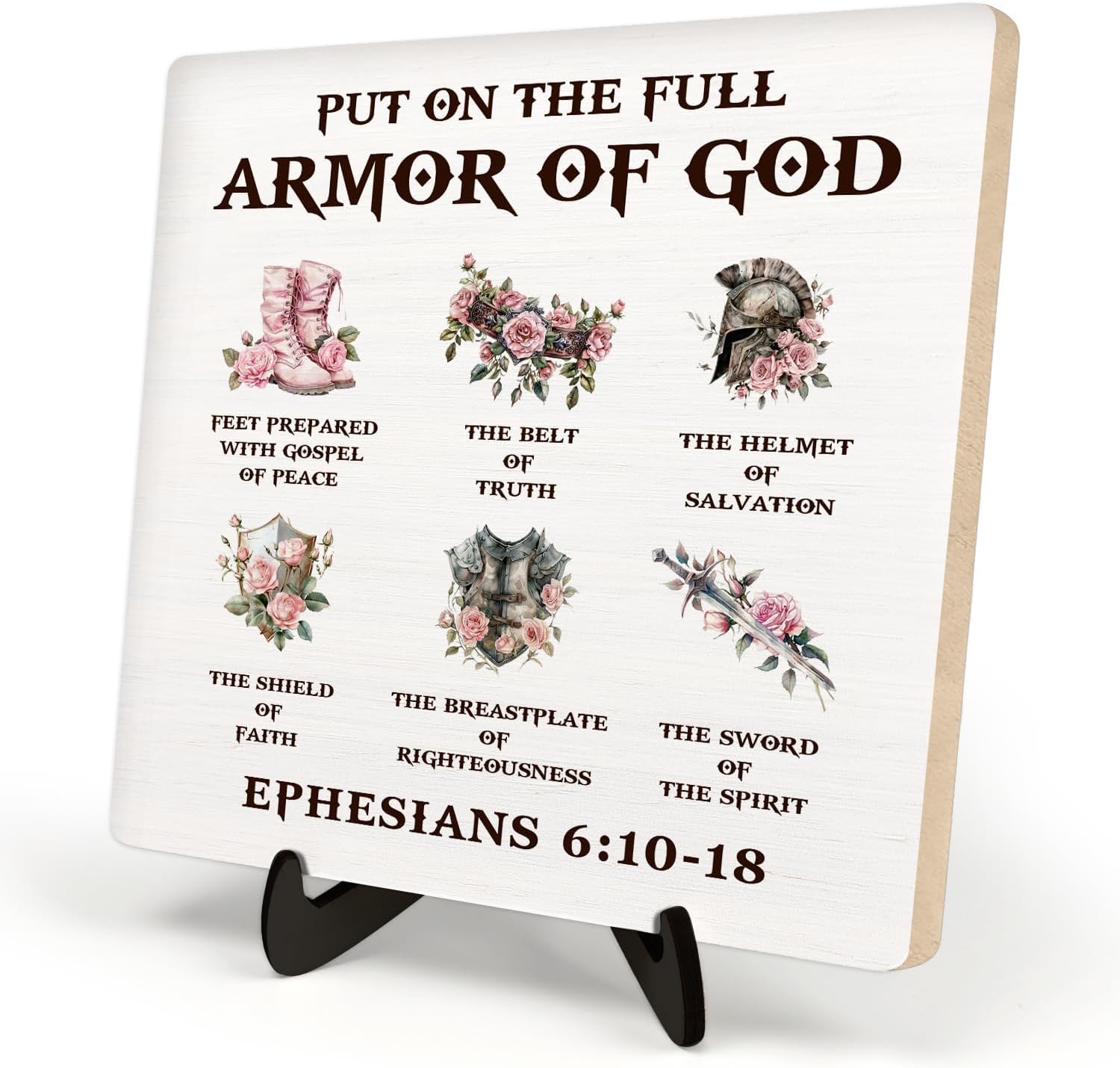 Bible Verse Sign, Put on the Full Armor of God Religious Wood Plaque,Christian Sign ,Prayer Table Art Signs, Wooden Sign Desk Decor, Positive Home Decor Gift for Men,5.9x5.9inch (PHESIANS 6:10-18 white)