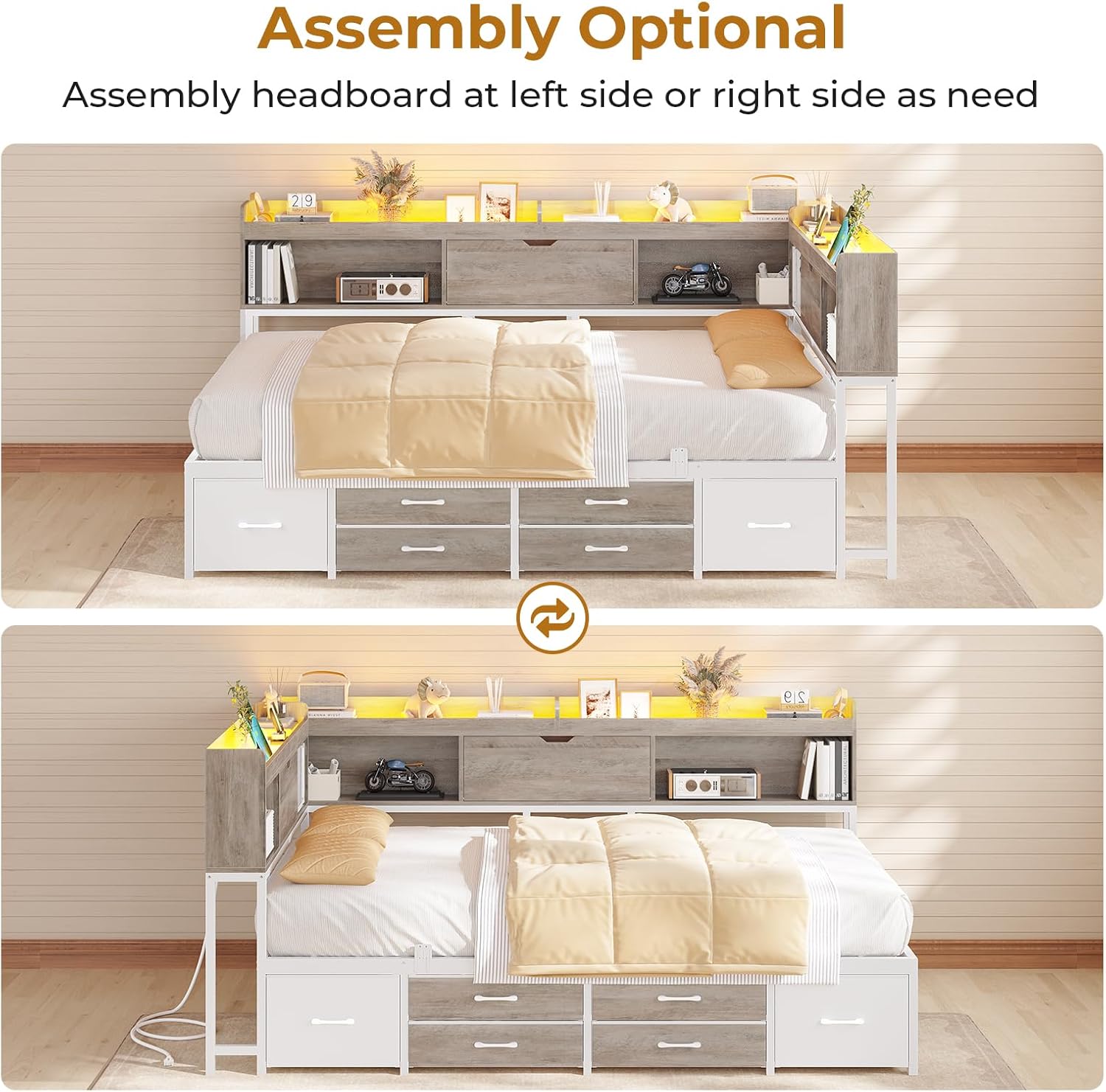 MSmask 14 Inch Corner Bed Frame with Storage Headboad & Bookcase & 6 Drawers, Full LED Daybed with Charging Station, Metal Platform Bed Full Size for Kids Teens, Space Saving, White & Oak Grey