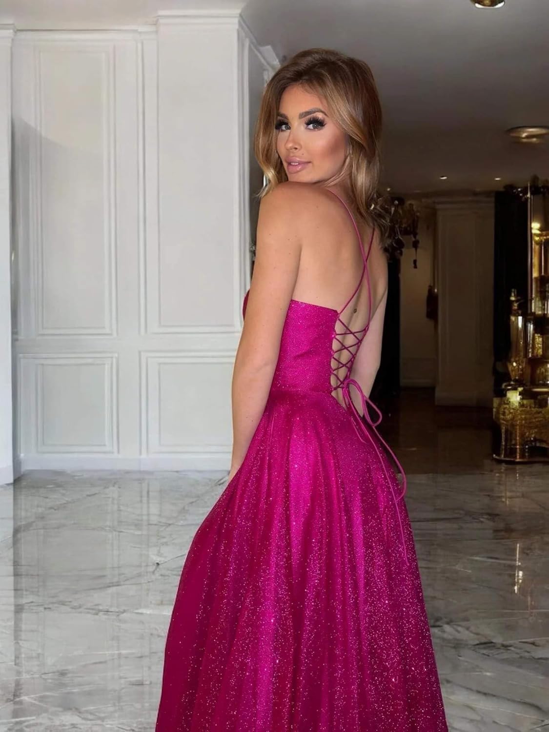 Corset Prom Dresses Long for Women Sparkly Glitter A-Line Spaghetti Straps Formal Evening Dress with Slit