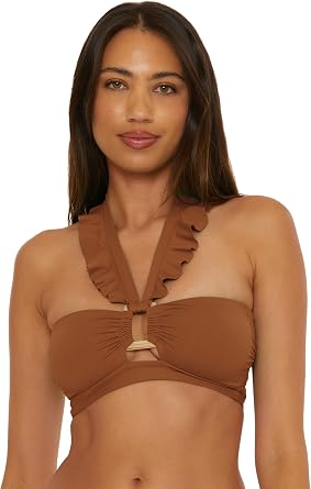 Soluna Swim Buckle Up Shirred Bandeau Bikini Top, Adjustable, Tie Back, Swimwear Separates for Women