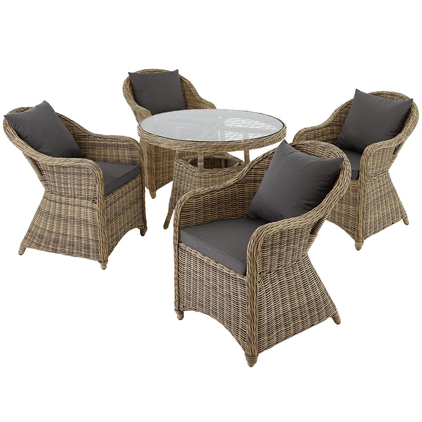 tectake® Conjunto Jardín Exterior de Ratán y Aluminio, 4 Sillones con Cojines y 1 Mesa Cristal, Muebles Jardín Exterior Impermebales y Resistentes a Intemperie, Topes en Patas, Sin Montaje - Natural