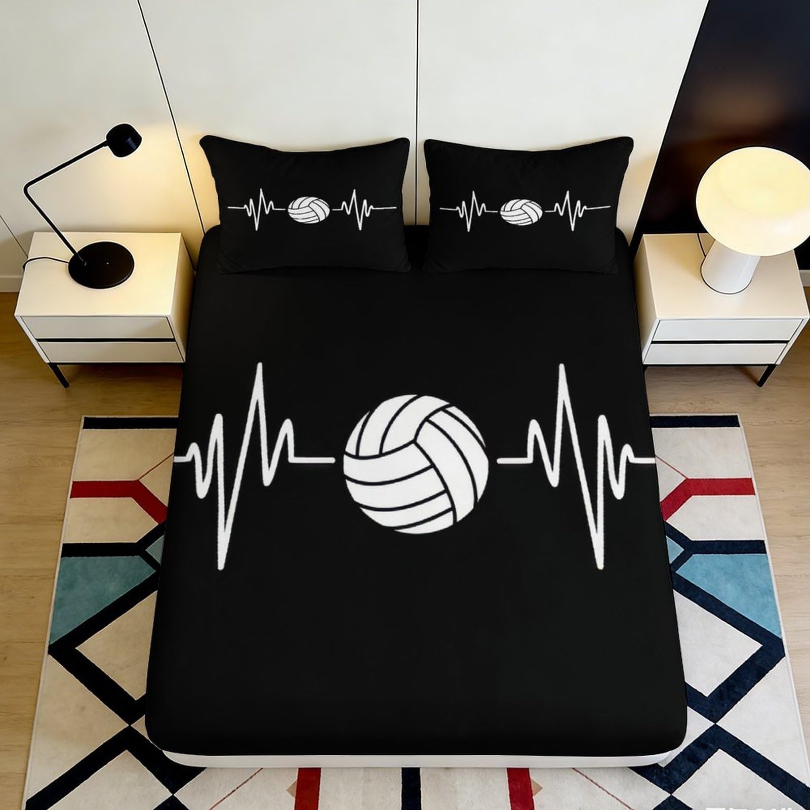 3D Printed Volleyball Heartbeat Fitted Sheet Microfiber Black Bed Cover for Bedroom Dorm Mattress Protection Decor 90x200x25cm