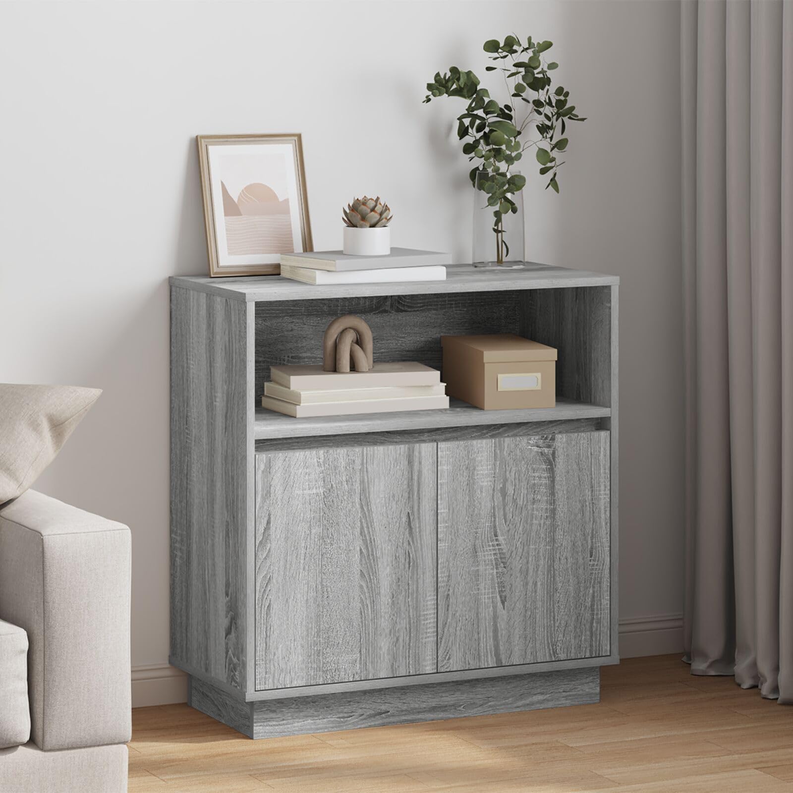 Sonoma Gray Credenza with Integrated LED Lighting 71x34.5x75 cm Engineered MDF 2 Sliding Doors Open Shelves for Living Room & Dining Room Modern Design