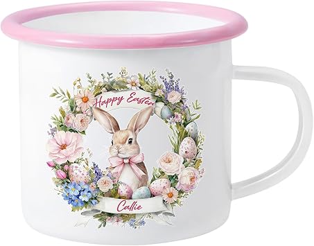 CALLIE Personalized Happy Easter Mug with Name, 12 oz Custom Wreath Egg Rabbit Bunny Enamel Coffee Mug, Basket Stuffers Easter Birthday Gifts for Family Friend Daughter Son