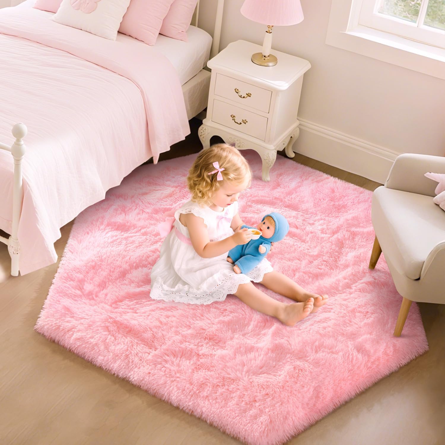 EVOIONOS Pink Hexagon Rug for Princess Tent, Fluffy Area Rug for Kids Room, 4x4.6 Feet for Girls Tent, Furry Soft Nursery Rug, Fuzzy Plush Carpet for Teen Girls Bedroom