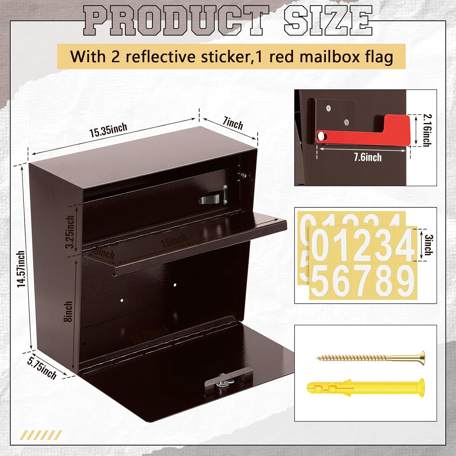 Yaocom Extra Large Wall Mount Mailboxes for Outside 15.35 x 15 x 7 Inches Locking Security Mail Box Galvanized Steel Wall Mailbox Large Capacity Post Box with Key Lock and Reflective Stickers(Brown)