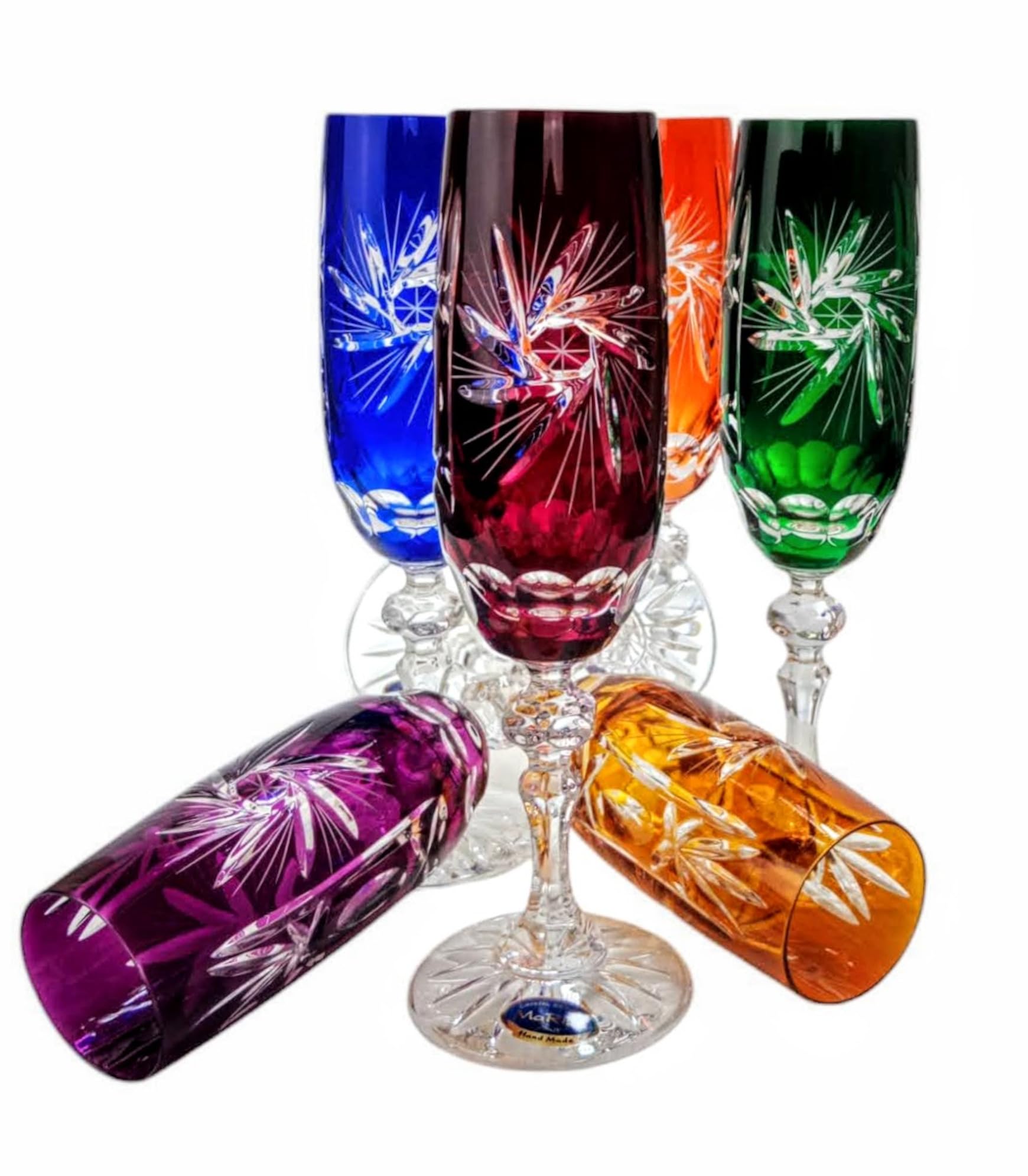 MaRika Mix Set Set de verres à champagne en cristal - 170 ml, fait à la main - Ensemble de 6, couleurs vives et idée cadeau parfaite pour des occasions élégantes
