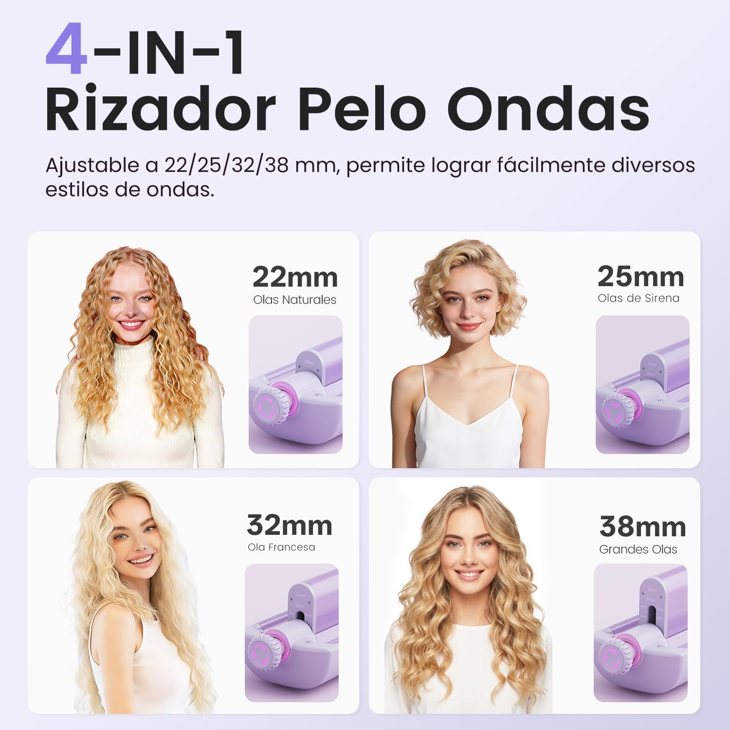 22/25/32/38mm Ajustable Rizador Pelo Ondas - 4-In-1 Plancha Ondas 3 Barriles Rizador de Pelo Iónico, Anti-escaldamiento, Pantalla Digital, Calentamiento Rápido, 4 Temperatura(140°C-210°C), Morado