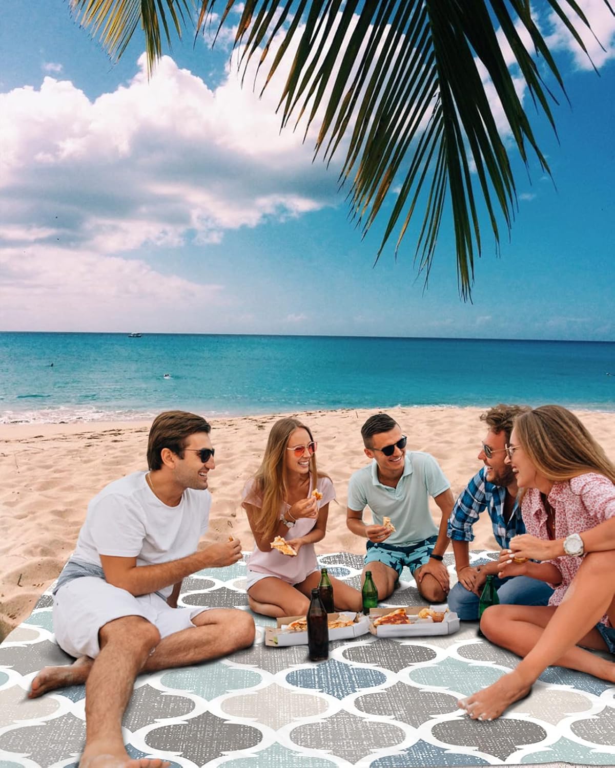 Vintage Moroccan Geometric Pattern Beach Blanket Waterproof Sandproof Outdoor Picnic Mat 118"x108" Multicolor Lightweight Large Beaach Blankets with 4 Stake & 4 Corner Pockets