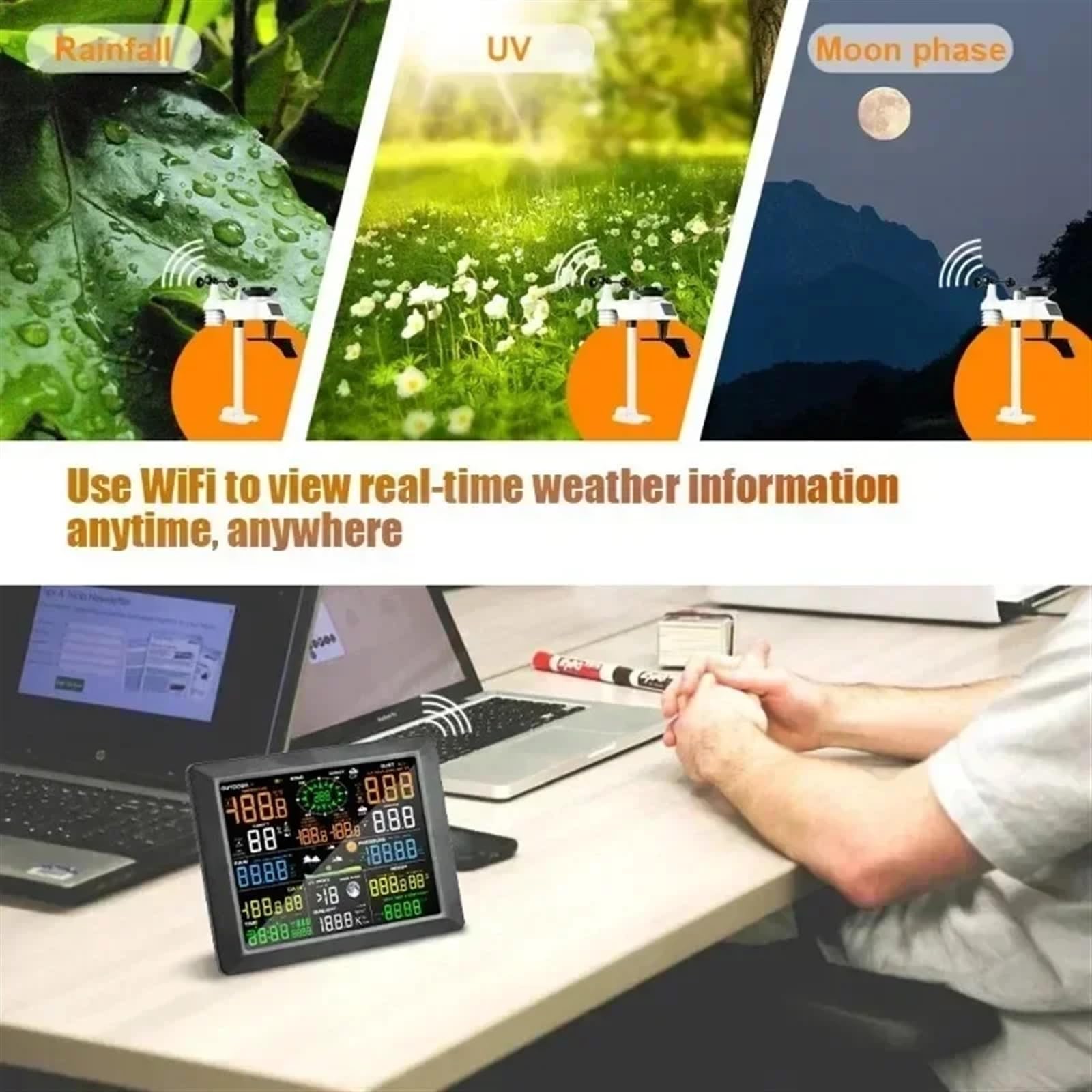 Stacja pogodowa, Profesjonalna stacja pogodowa 0310 Internet bezprzewodowy z czujnikiem zewnętrznym Wskaźnik deszczu Inteligentna prognoza życia Wiatr do domu