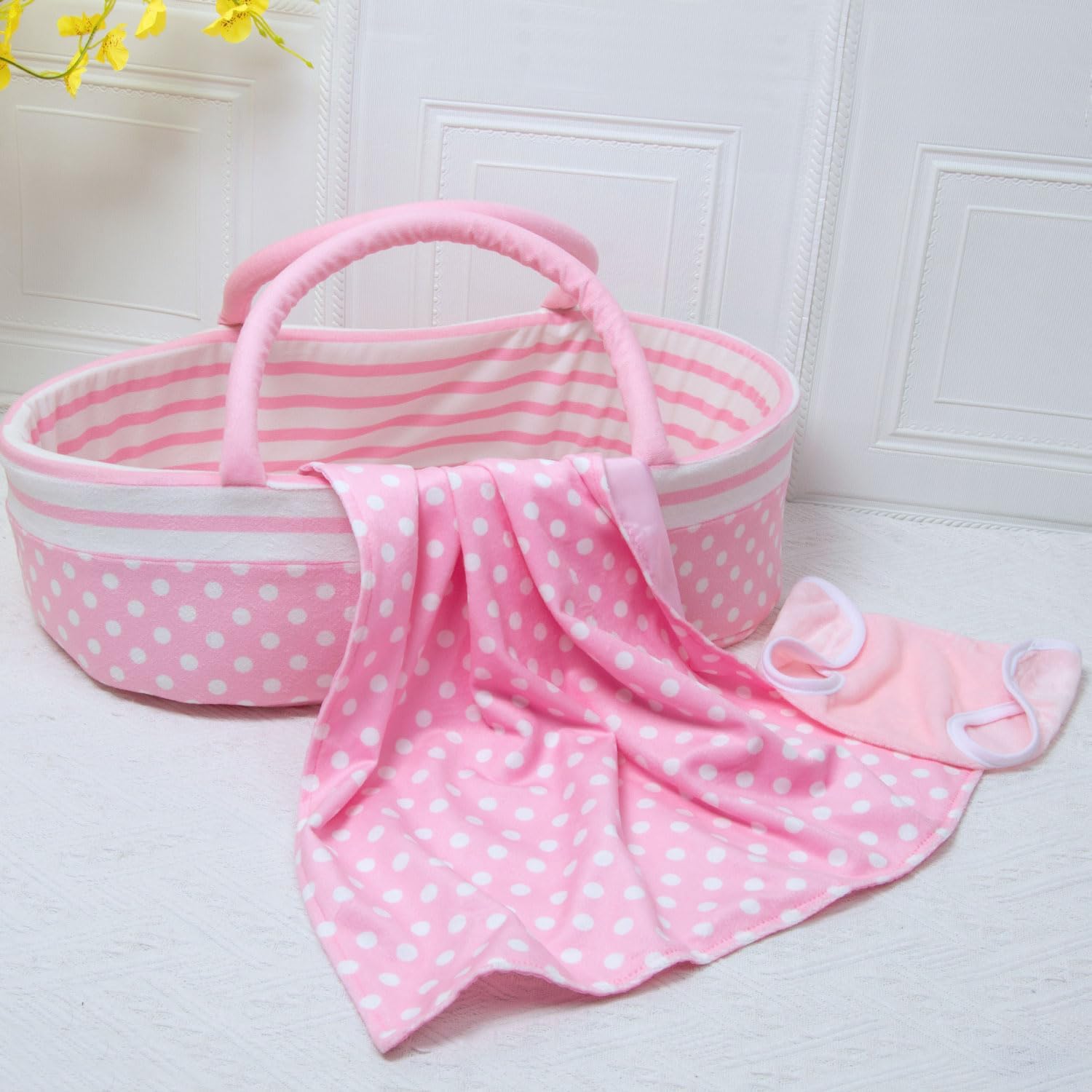 Baby Doll Bassinet with Blanket Diaper 3-Piece for 15-22 Inch Dolls, Thick Reborn Doll Cradle Bed Portable Toddler Doll Basket Carrier for 18-20 Inch Newborn Dolls Accessories Girl Gift
