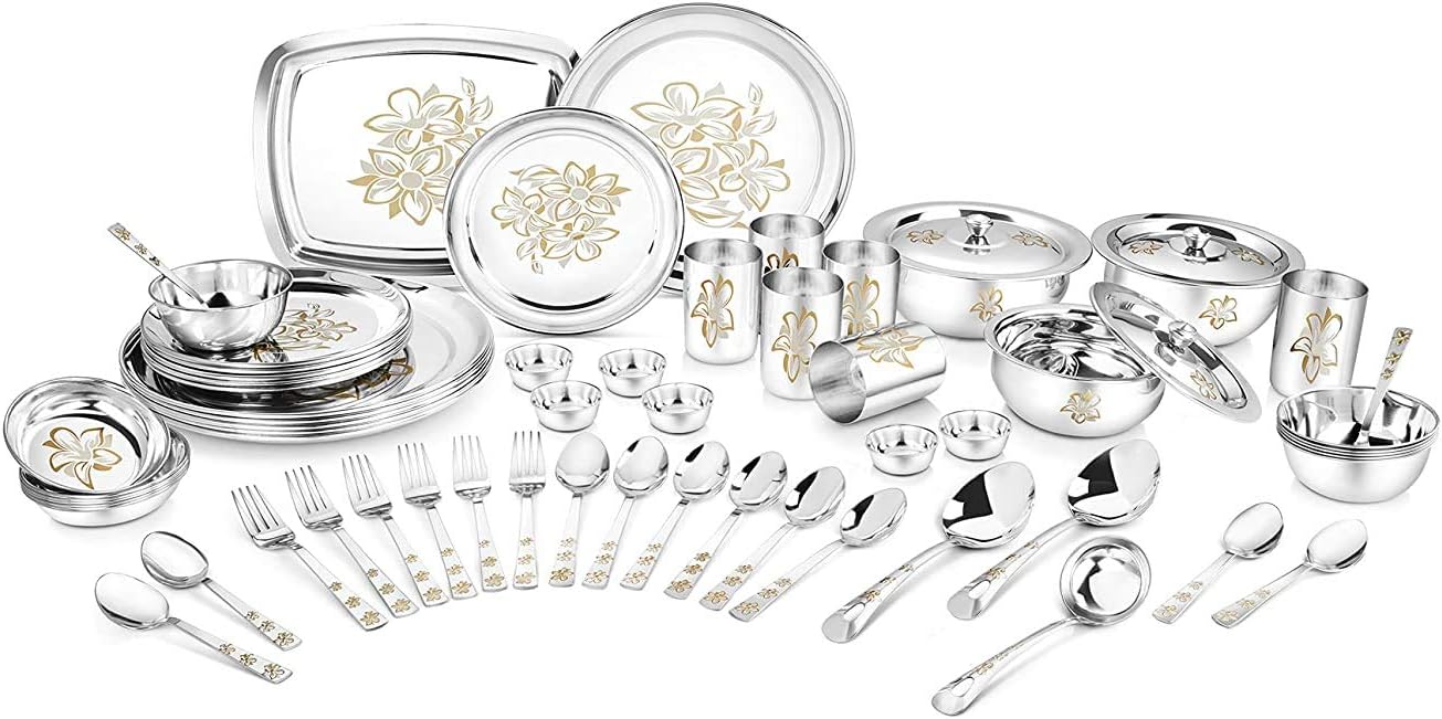 Classic Essentials High Grade Stainless Steel with Permanent Glory Laser Design Dinner Set of 61 pcs (Out Side Shiny Finish and in Side Matte Finish) -Silver, Classic Essentials SS CE-SVG61