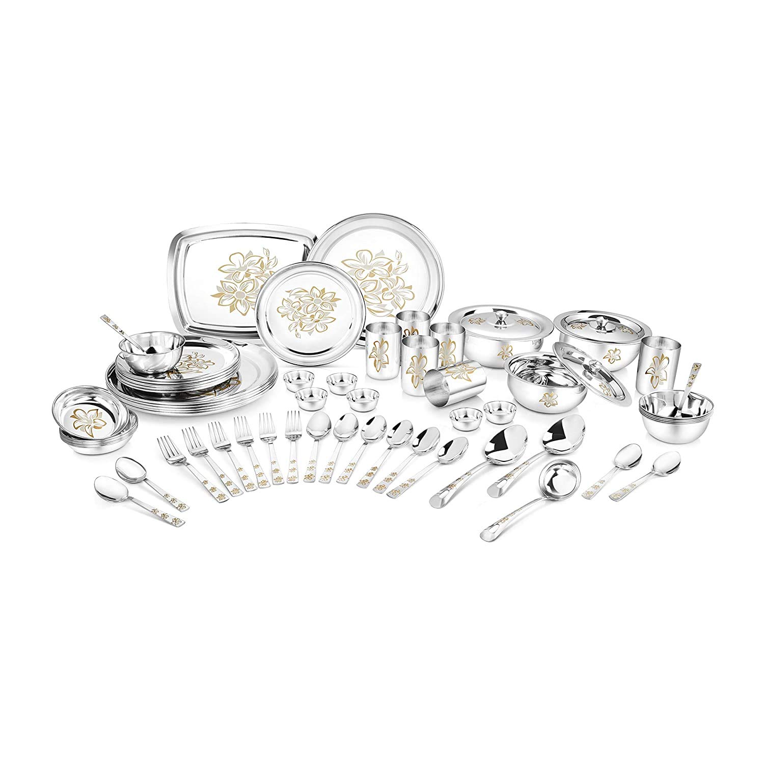Classic Essentials High Grade Stainless Steel with Permanent Glory Laser Design Dinner Set of 61 pcs (Out Side Shiny Finish and in Side Matte Finish) -Silver, Classic Essentials SS CE-SVG61