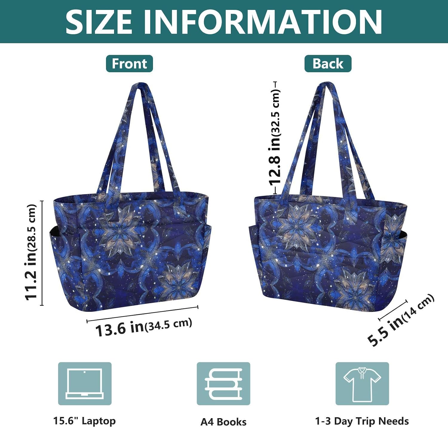 Stars Glittering Royal Blue Tote Bag Gym Bag for Work with Multiple Pockets & Zipper Compartments bolso de hombro
