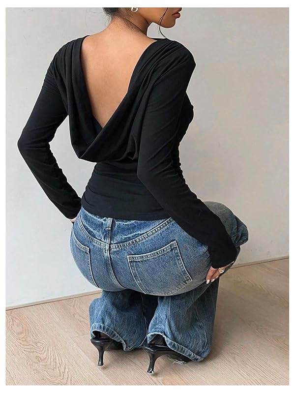 SweatyRocks Women's Backless Draped Long Sleeve Tops Cinched Waist Ruched Going Out T Shirts Black Small by SweatyRocks - Used condition - Image 4