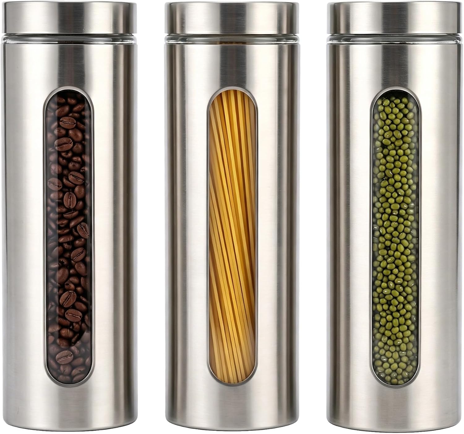 3 Pcs Stainless Steel Canister Set with Glass Window, 60.9 fl oz Airtight Food Storage Jars with Lids, Kitchen Canister Set Counter Organization for Dry Goods, Pasta, Cereal, 4×12Inch