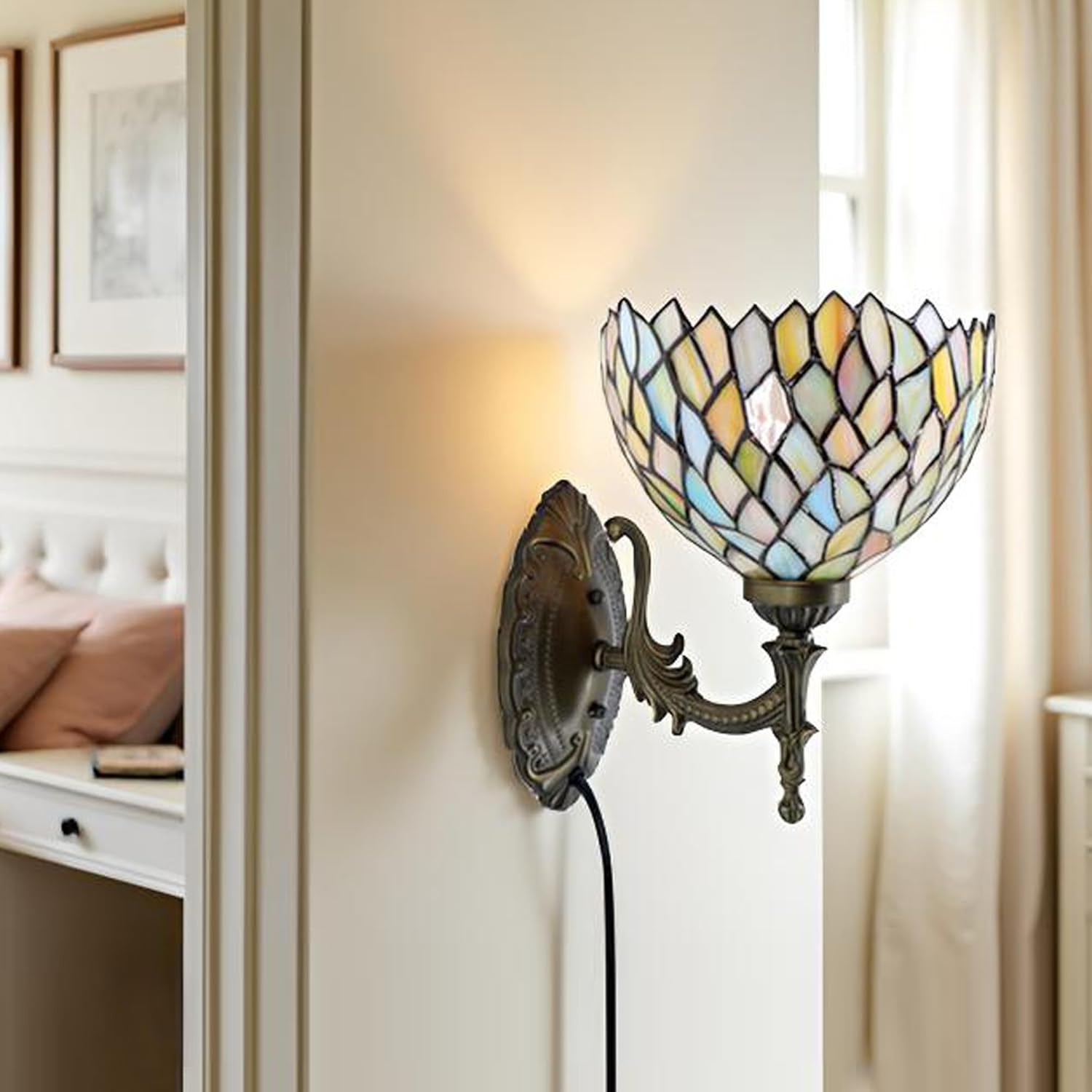 Tiffany Sconce Lamp Stained Glass Wall Lamp,8X10.5X11 Inch Plug in Wall Bedside Light for Hallway Bedroom (Seven Color Wisteria)