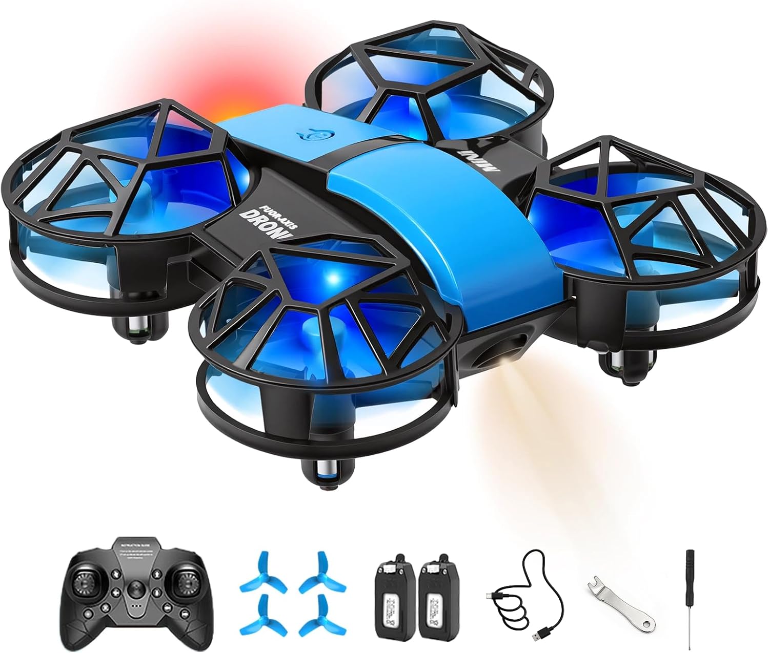 Blue Mini Drone for Kids, Indoor & Outdoor RC Quadcopter, Full Propeller Guards, LED Light, 3D Flips, One Key Start, Headless Mode, 2 Rechargeable Batteries, 21 Mins Total Flight Time, Toy Gift for Boys and Girls