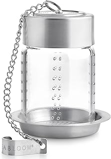 Teabloom Puresteep Glass Tea Infuser with Lid & Drip Tray – Non-Toxic Borosilicate Glass Loose Leaf Steeper with Stainless Steel Chain – Small or Large Size