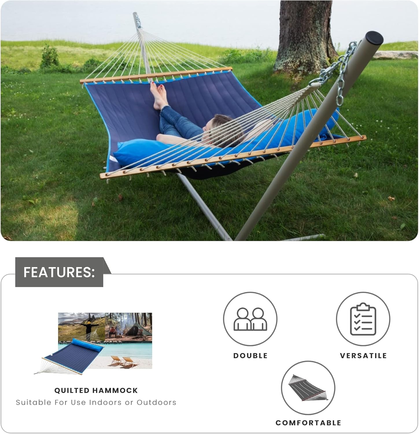 Ceara Patio Hammock Olefin Hammock Double Hammock for Two People Outdoor Patio Swing Chair Quilted Hammock Use Inside Outside Backyard Decor Porch Swing - Blue
