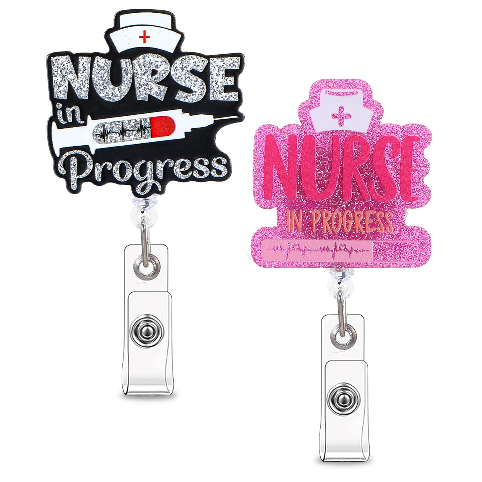 Lnngub 2Pcs Nursing Student Badge Reel,Nurse In Progress Badge Reel Badge Reel Holder Retractable with Clip Cute Nursing Id Card Badge Holder Bling Nurse Badge Reel Holder for Doctor Medical Assistant