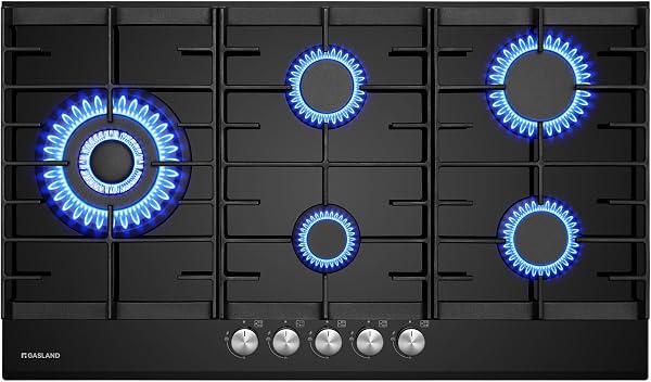 GASLAND GH2905BG1FC Table de cuisson à gaz 5 feux, Cuisinière à gaz avec brûleur wok, Table de cuisson à gaz encastrable, 87 cm noir vitrocéramique, Cuisinière à gaz avec 2 supports, 10400W - 1
