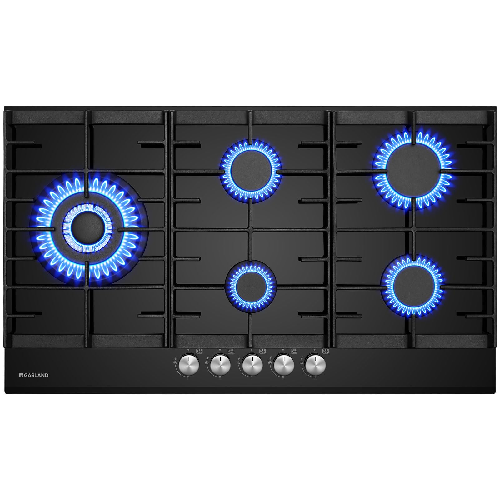 GASLAND GH2905BG1FC Piano cottura a gas in vetro a 5 fuochi, piano cottura a gas con bruciatore wok, piano cottura a gas da incasso, piano cottura in vetro nero da 87 cm, 10400W, GPL/gas naturale