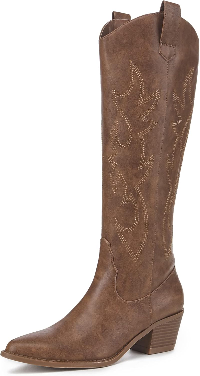 Athlefit Women's Western Embroidered Cowboy Boots Pointed Toe Chunky Heel Pull On Knee High Boots