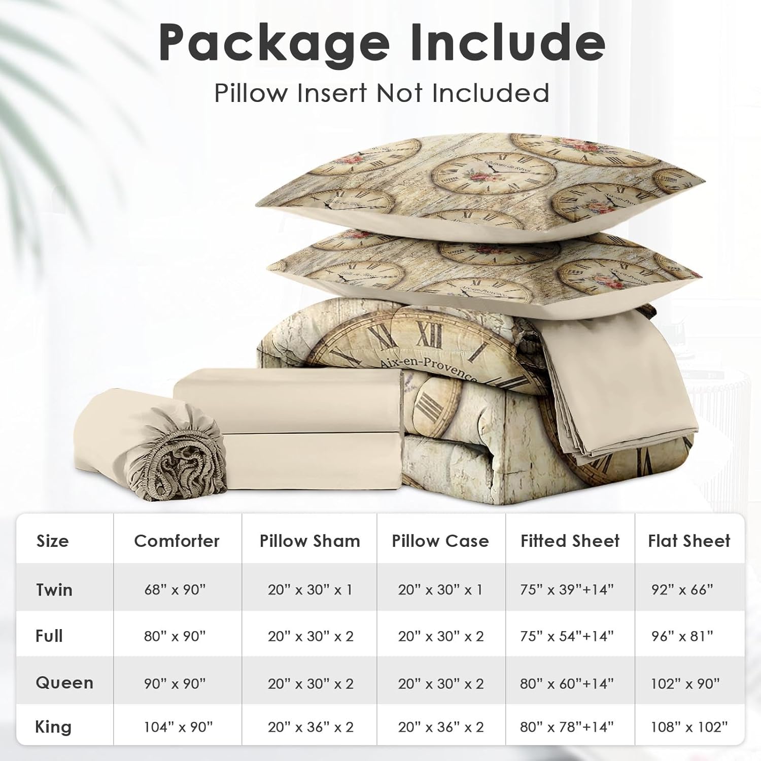 Comforter Set Twin Size, French Vintage Floral 5 Pcs Bedding for Kids and Adults, Clock Rustic Bed Sheet Sets with Fitted Sheet Pillowcases & Shams for Bedroom Bed Decor - Image 6