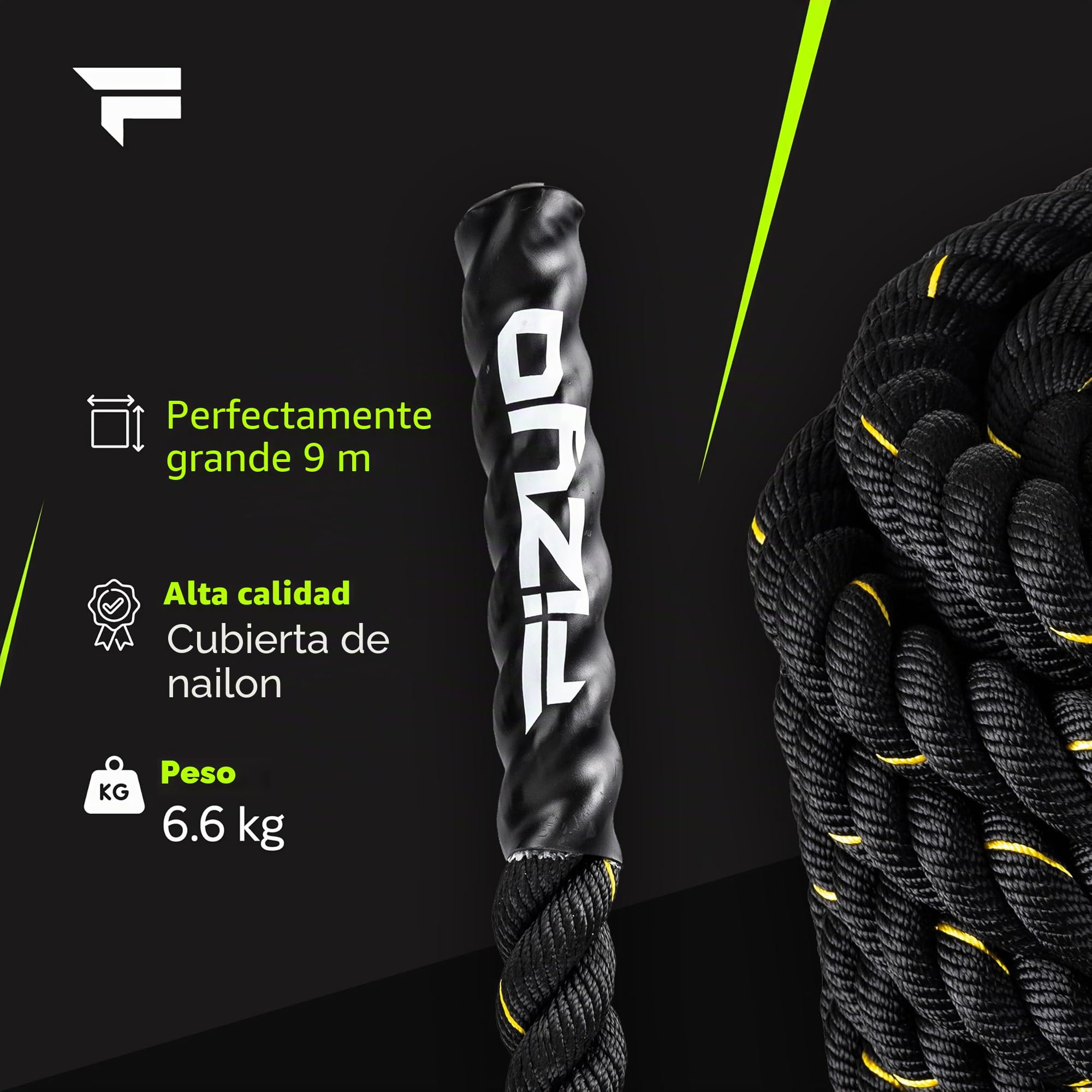 FIZYO Battle Rope – Cuerda de Entrenamiento Robusta para Functional Training, Cross Training, Fuerza y Resistencia – Diámetro 3,8 cm, Construcción de 3 Hebras – Home Gym y Exterior (9m)