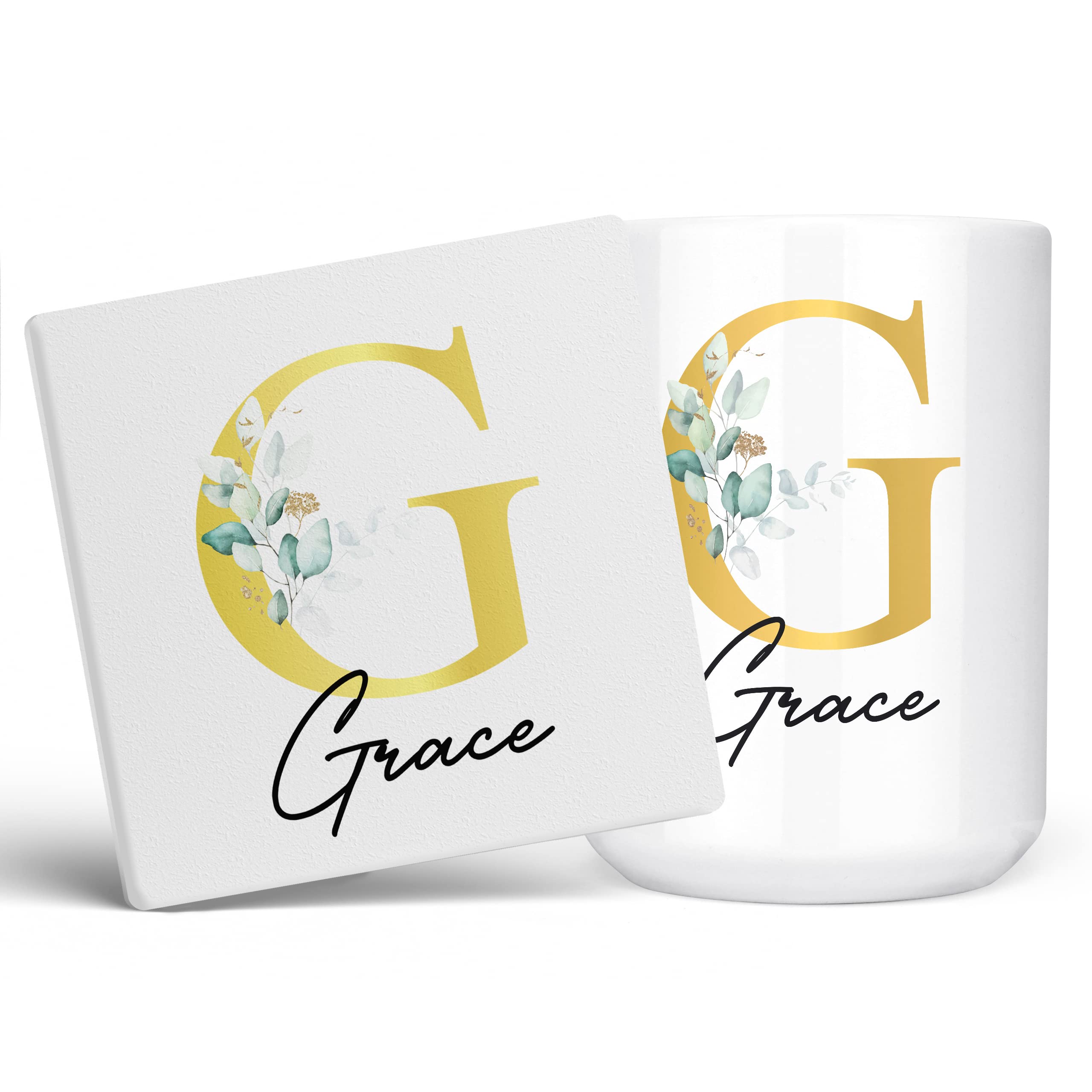 Personalised Letter G Floral Mug Initial with Name, Customised Gift, Gold Effect Printed Letter, NOT Metallic - Ceramic Coffee Cup for Men or Women, Extra Large and Giant Mug, 15oz White Cup & Coaster โ image 1