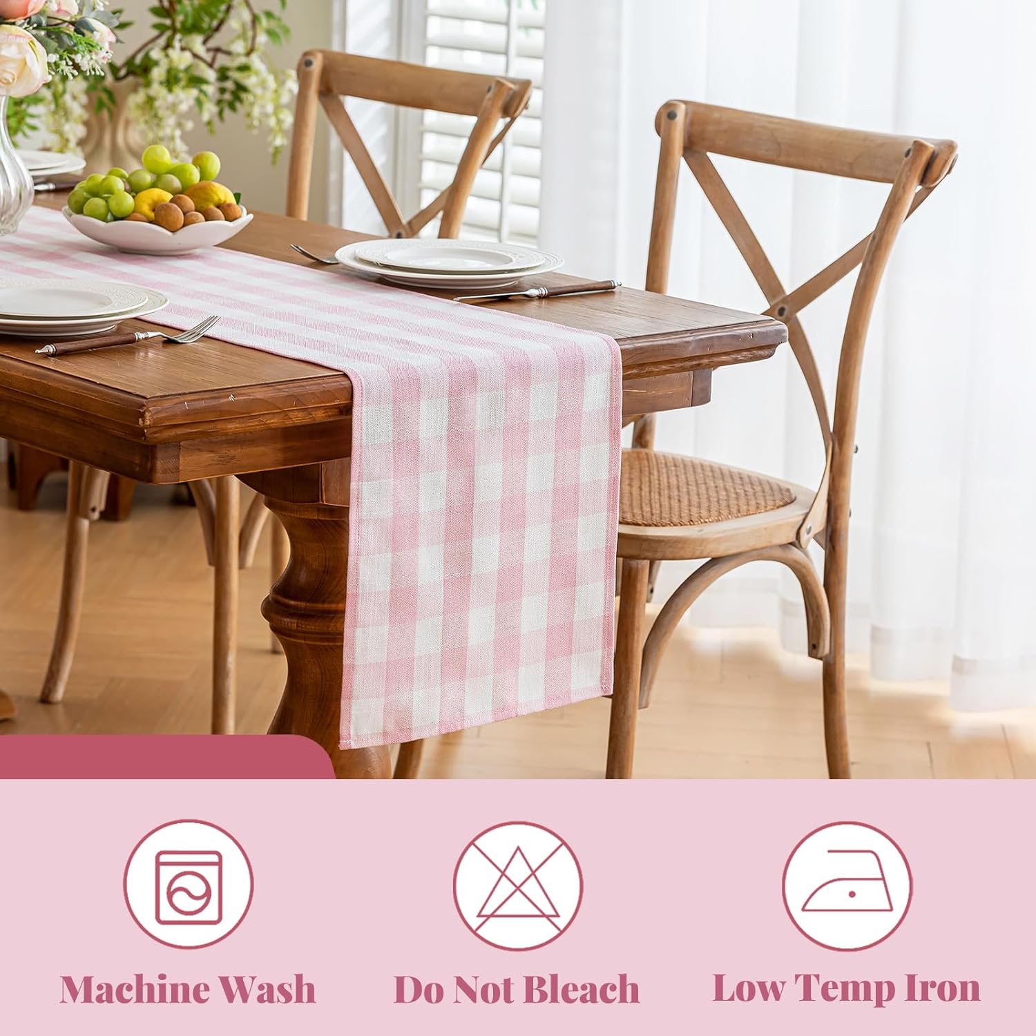 Alsoo Spring Pink Gingham Table Runner 13 x 108 inches Long, Cotton Linen Farmhouse Checkered Kitchen Dining Table Decor for Home Party, Wrinkle Free