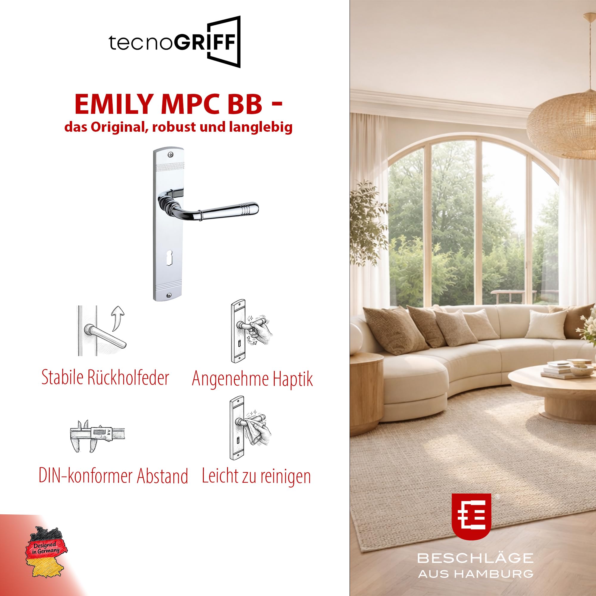 Beschläge Hamburg Türgriff EMILY ART 70-09 – Drückergarnitur Langschild 45 x 235 mm, Buntbart (BB) für Zimmertüren, Set inkl. Befestigungsmaterial, chrom poliert