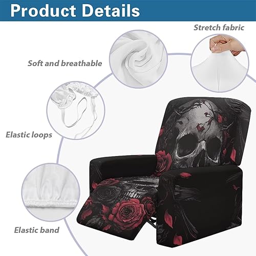 Miniatura 5 de FOR U DESIGNS Juego de 4 fundas de sofá elásticas de calavera gótica para reclinables, con bolsillos laterales, se adapta a sillas pequeñas,
