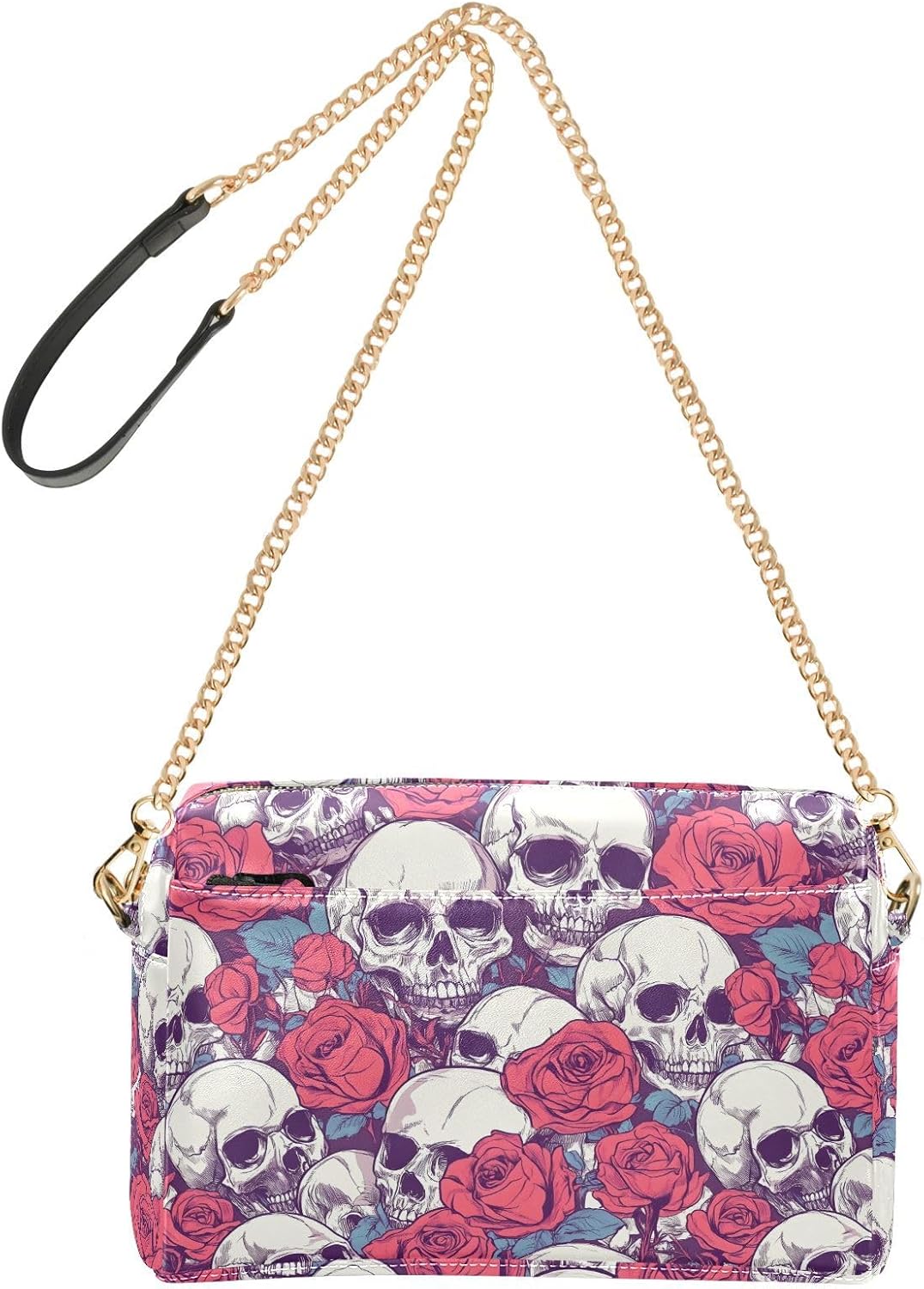 Roses Skull Women's PU Leather Crossbody Bag Shoulder Handbag Cellphone Purse with Metal Chain Strap Water Resistant Zipper Closure