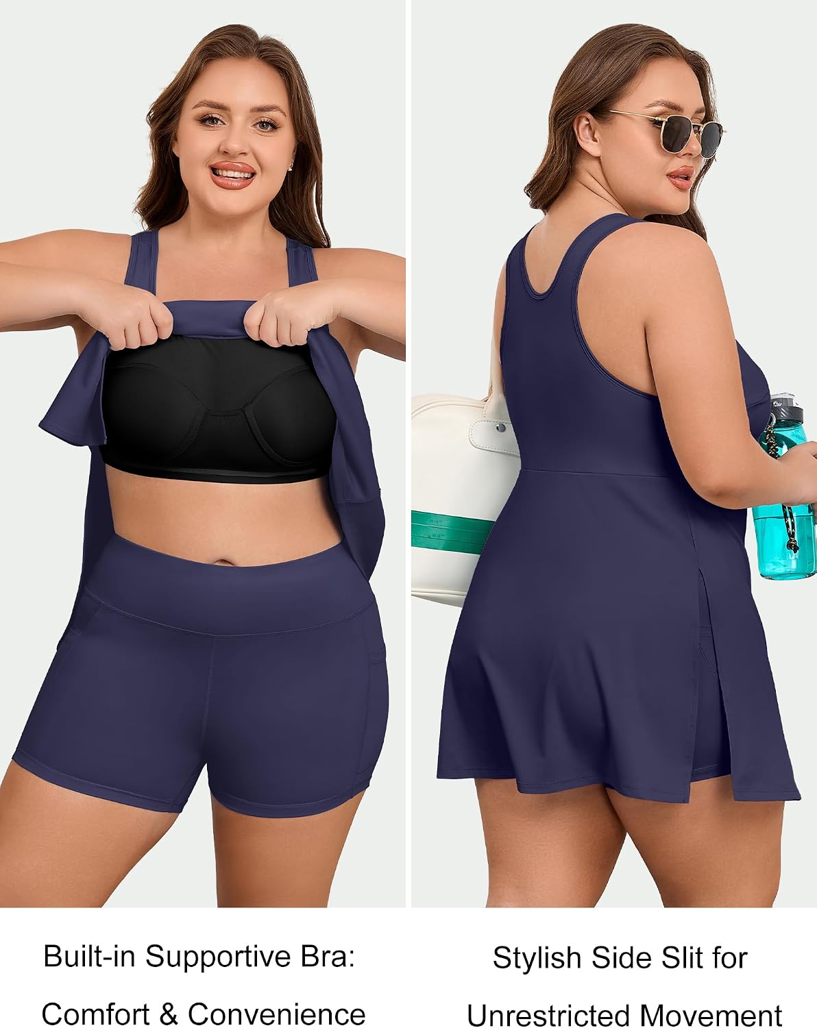 COOTRY Women's Plus Size Tennis Dress Crew Neck Sleeveless Side Slit Golf Athletic Dress Build in Shorts with Pockets