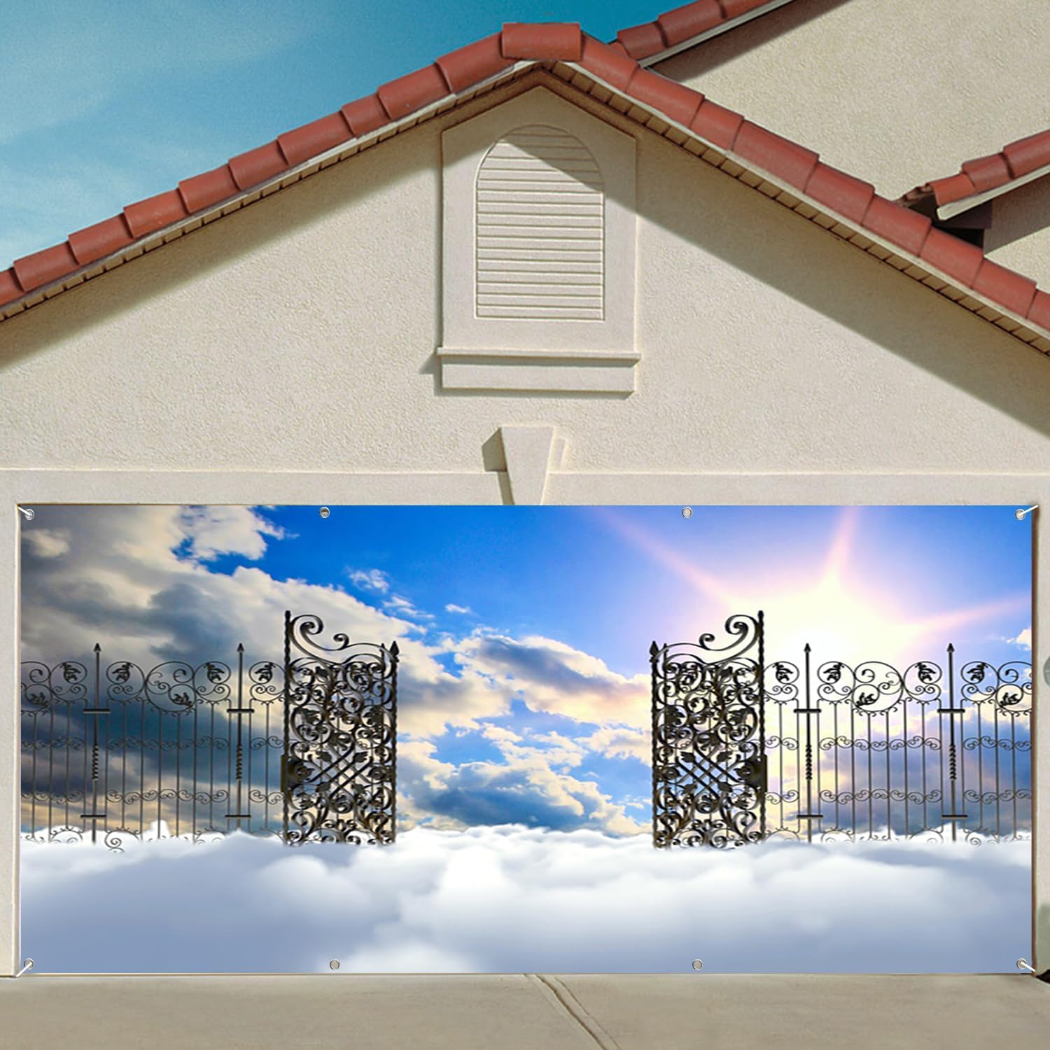 7x16ft Heaven Garage Door Decor Sky Clouds Paradise Gorgeous Patterned Iron Door Gate Holy Light Photography Background Baptism Religion Church Christian Easter Banner