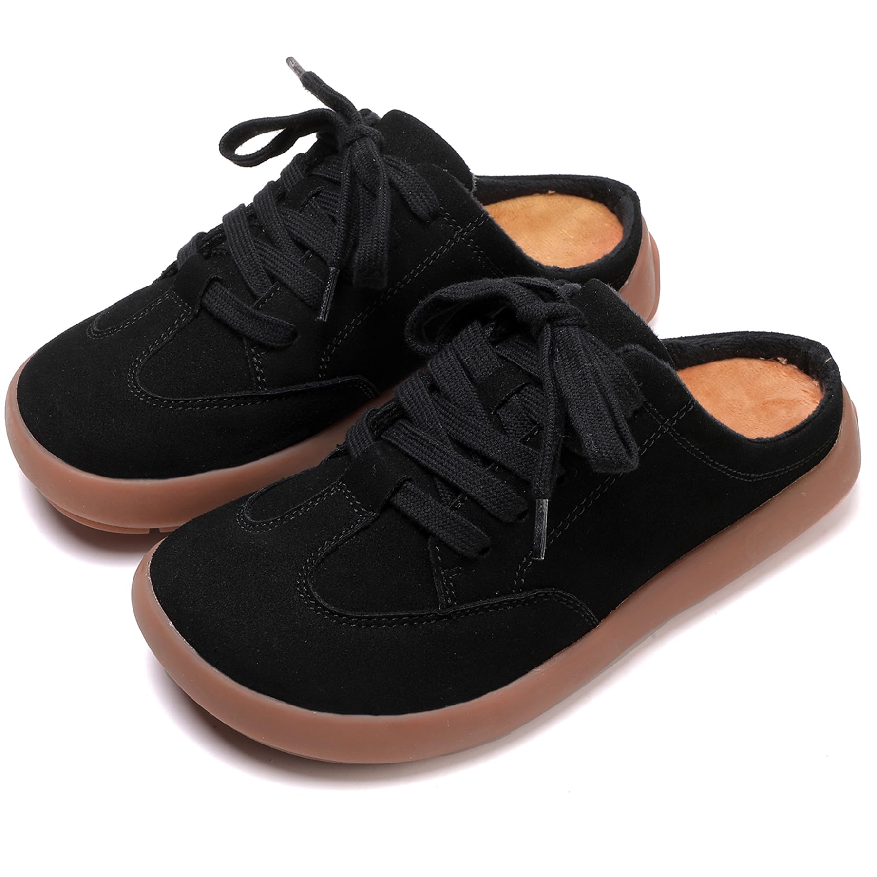 UBFEN Damen Hausschuhe Warme Mules Slippers Weiche Flache Plüsch Slip on Spitze auf Pantoffeln Rutschfeste Outdoor Indoor