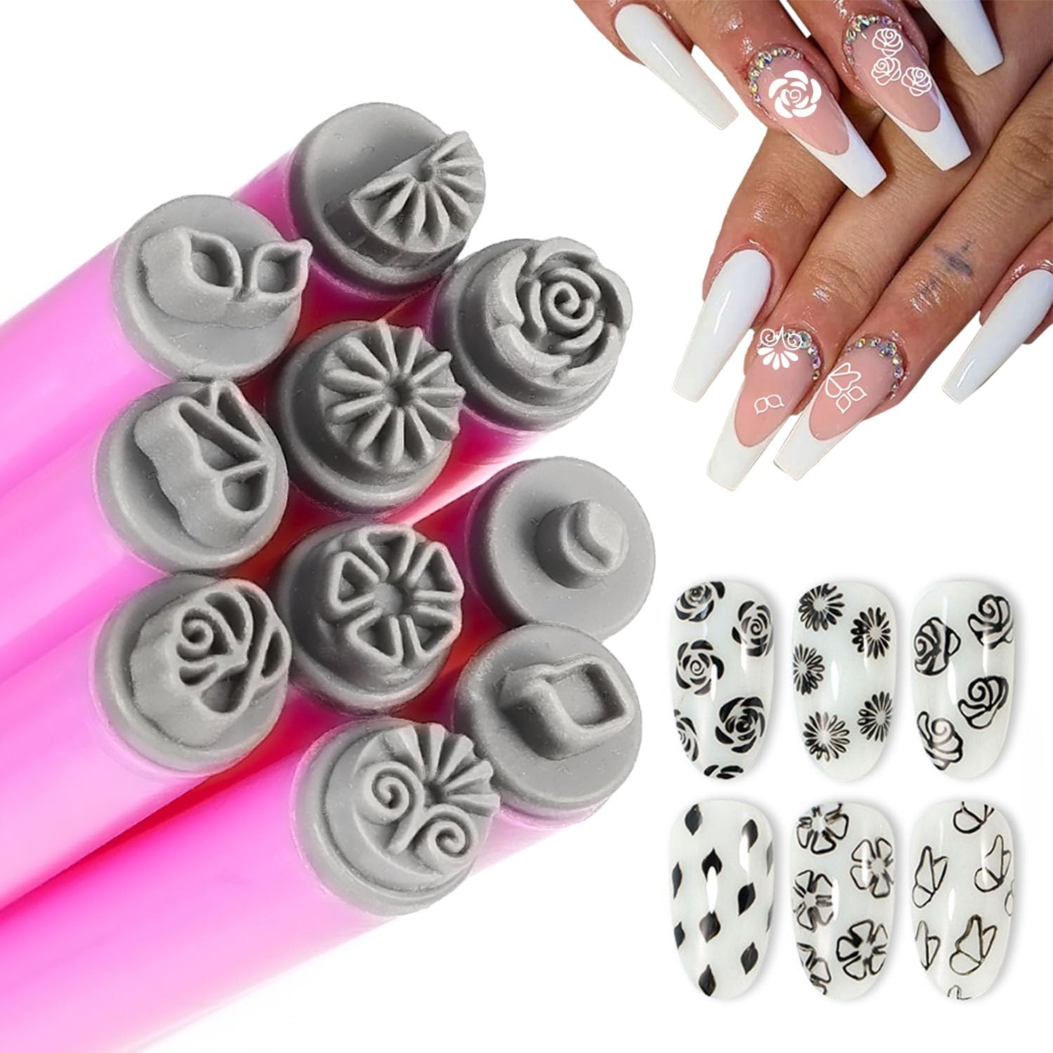 10Pcs Nail Art Stamp Pen Set Flower Butterfly Nail Stamper Pen Nail Art Trans...