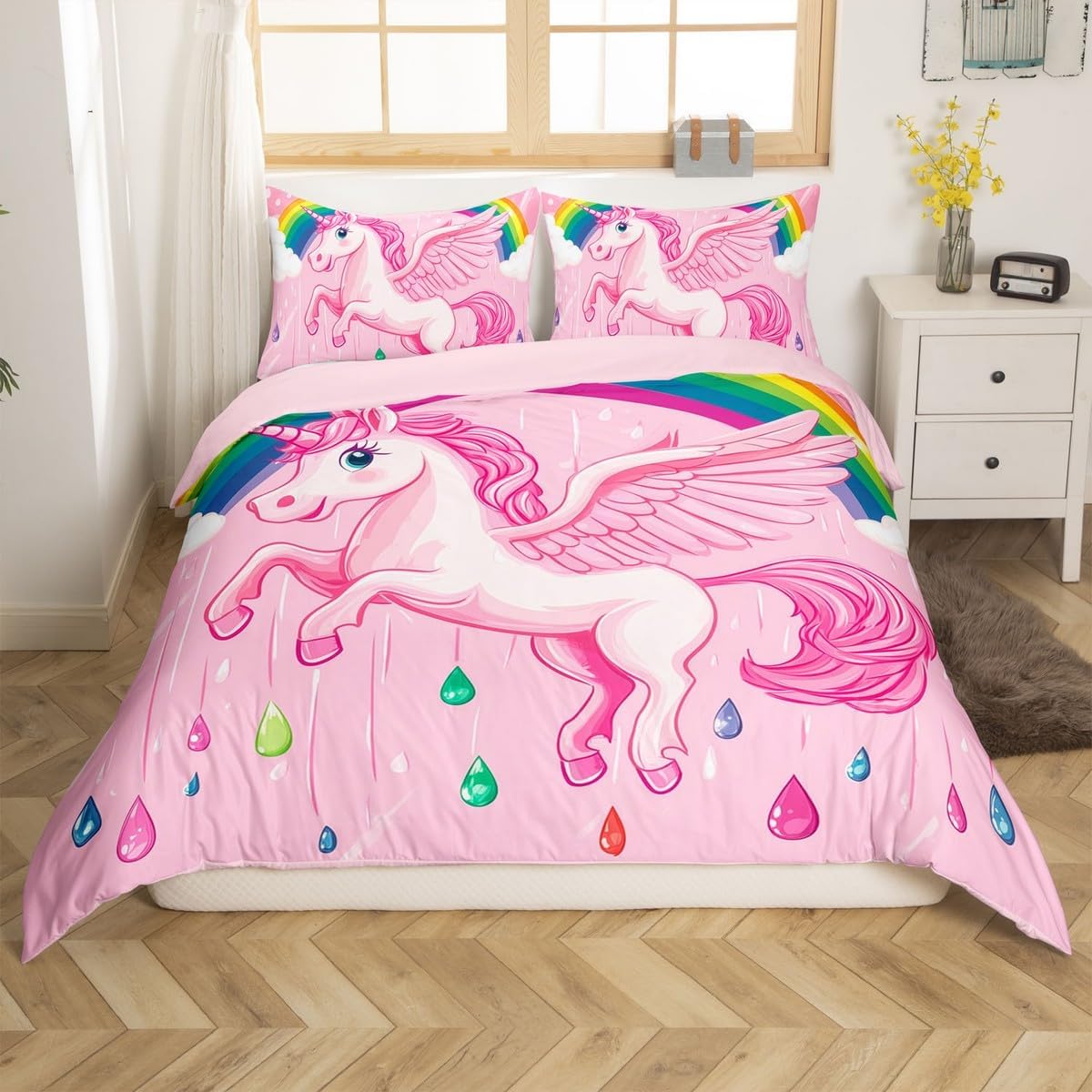 jejeloiu Girls Unicorn Comforter Cover Toddler Rainbow Galaxy Pattern Bedding Set for Kids Boys Dreamy Fairy Tale Cartoon Animal Duvet Cover Room Decor（No Comforter