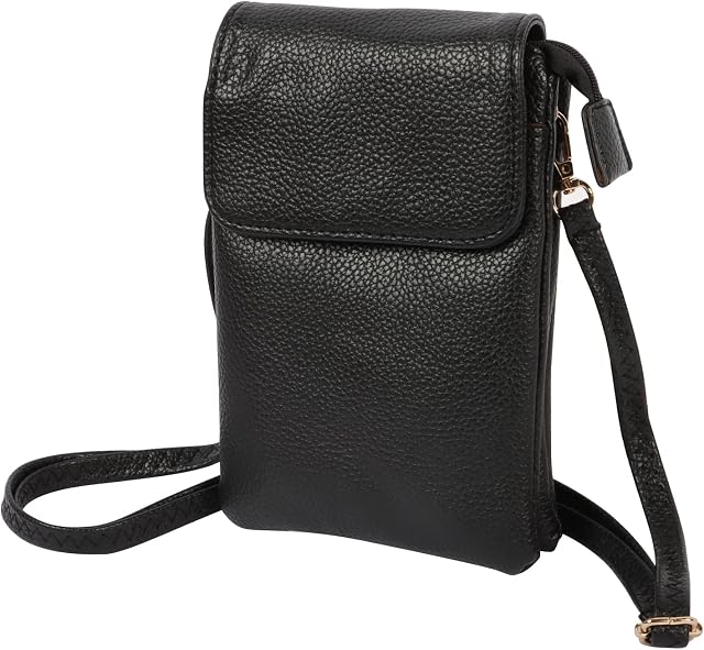 Apradas Leather Phone Bag for Women,Small Crossbody Phone Bag Pouch Purse Wallet,Ladies Cellphone Shoulder Bag,3 Layer Zipper Women's Phone Bag with Long Strap Wallet Travel Wallet with Card Holder