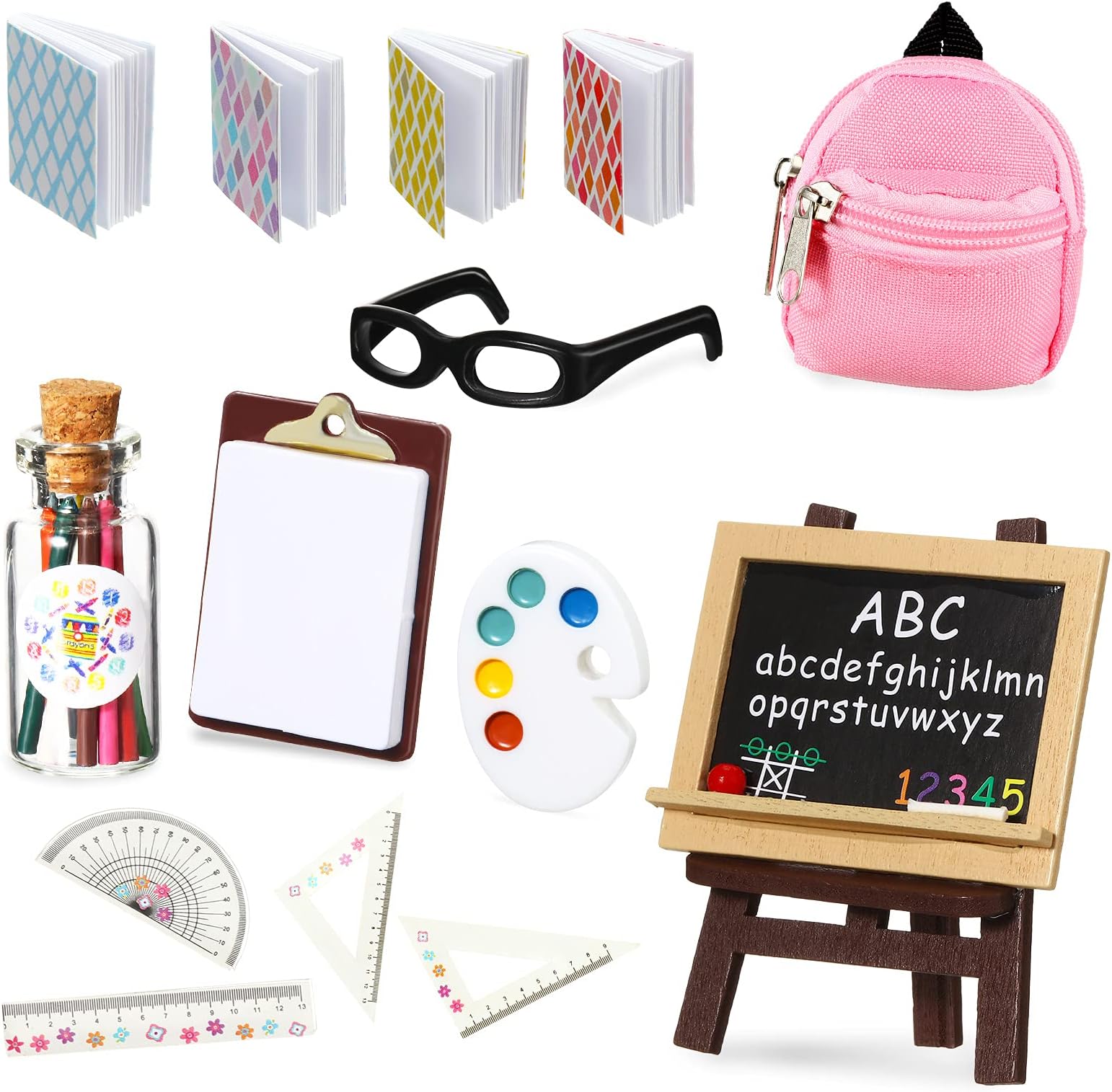 Chalyna Zomiboo 14 Pcs Mini Doll School Supplies Miniature Dollhouse Stuff Accessories for 11.5 Inch Doll DIY Toy Set Include Miniature Book Backpack Glasses Blackboard Pencil Ruler(Chic Style)