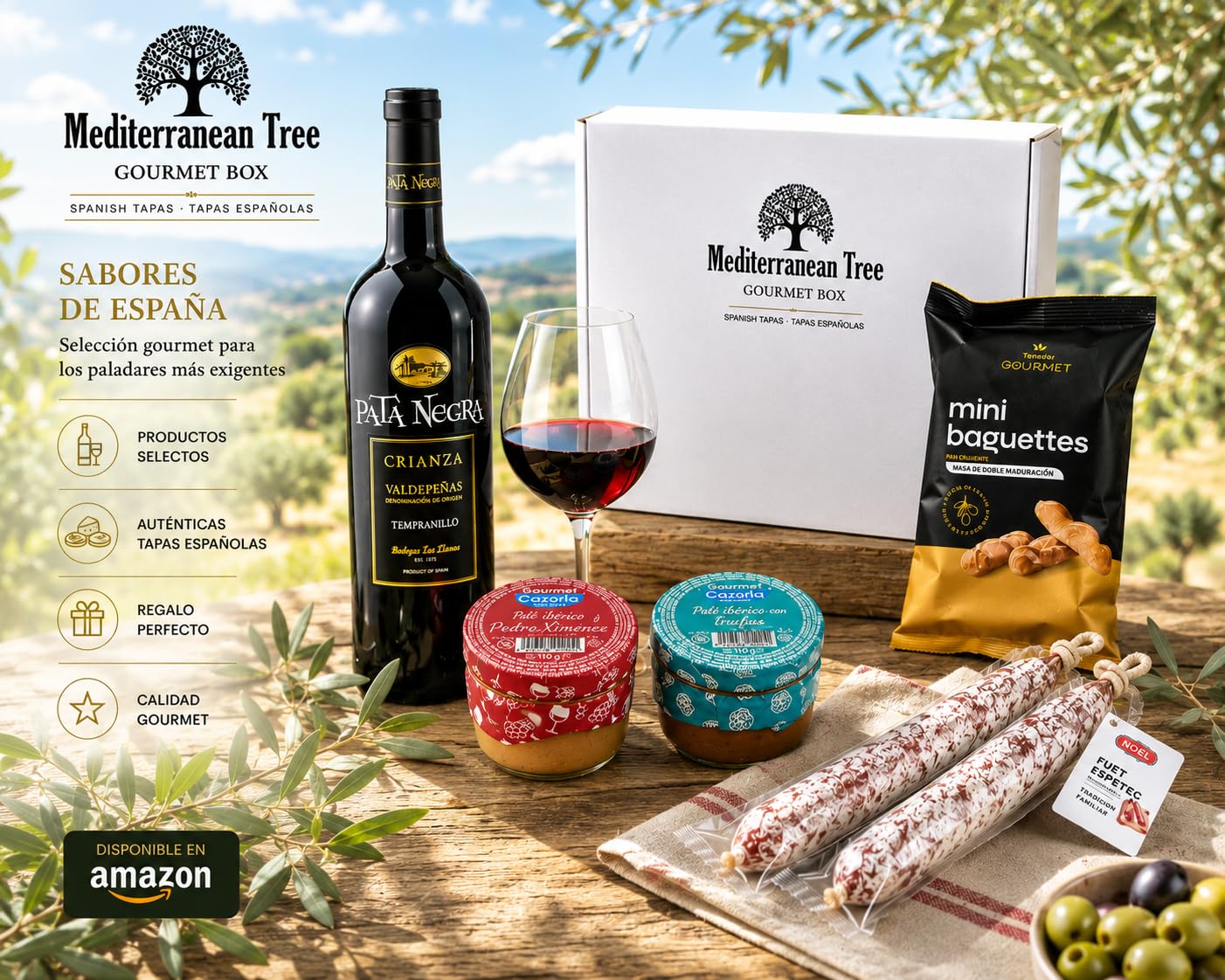 Caja cesta de regalo Gourmet Vino Crianza Embutidos y Patés Ibéricos seleccion Fuet y Picos de Pan artesanos –Pack elegante Ideal para Navidad, Empresas Cumpleaños y Celebraciones Especiales