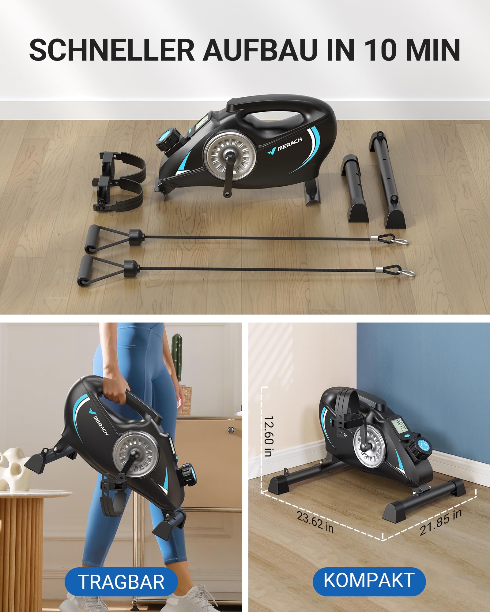 MERACH Pedały, trenażer nóg do domu, mini rower treningowy dla seniorów z 2 taśmami oporowymi i antypoślizgową matą, urządzenie do ćwiczeń domowych do domu, biura, oszczędność miejsca