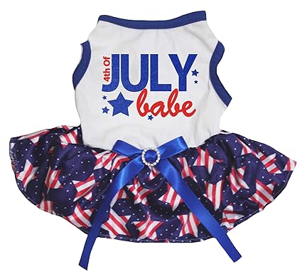 Petitebella 4th of July Babe Puppy Dog Dress (White/Striped Stars, Large)