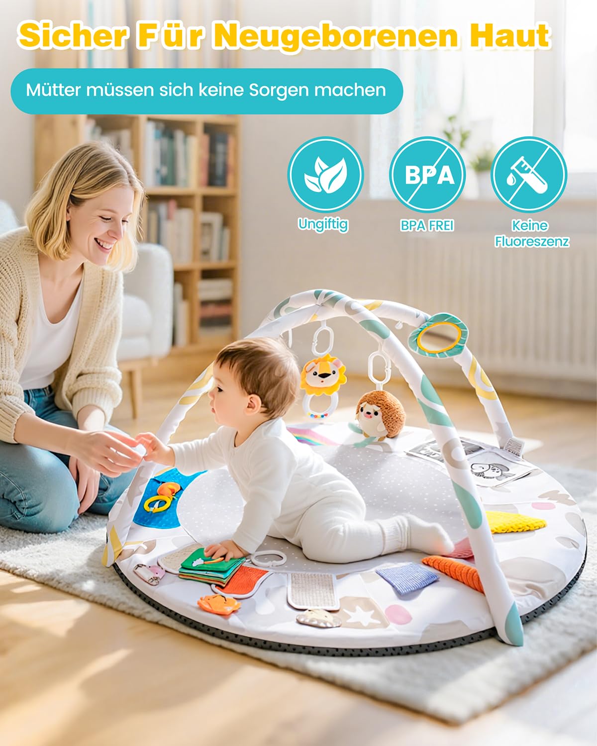 Tapis d'Éveil Bébé avec Arche Amovible, Jeux Sensoriels Montessori pour Matelas d'Activité, Tapis d'Éveil avec 5 Jouets à Suspendre, 0-12 Mois Cadeau de Naissance Garçon Fille